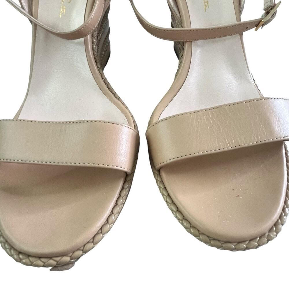 Oscar de la Renta Leather Wedge Sandal ITALY Size 40 US 10 Wrap Ankle Strap Nude - Picture 6 of 15